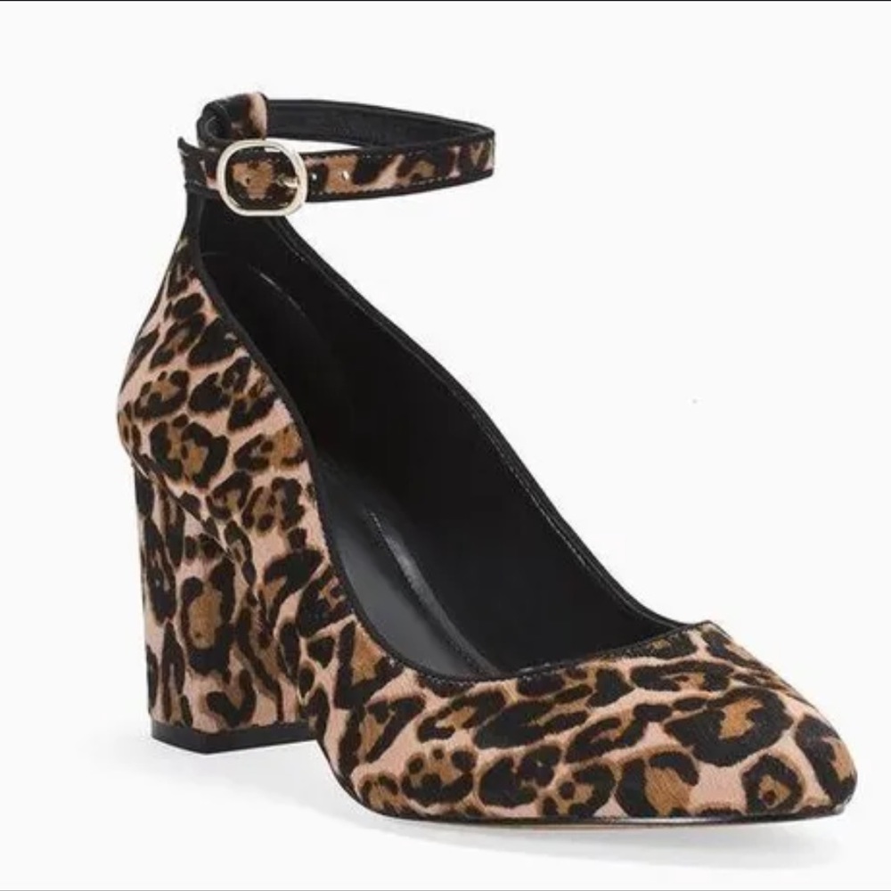 WHBM Bethenny Leopard Chunky Heel Calf hair Animal Print Ankle Strap Heels